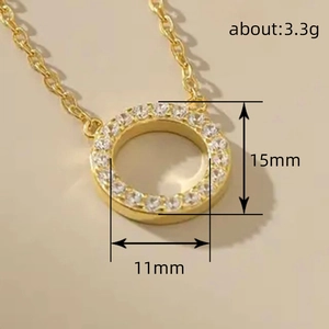 Minimalist gold round pendant necklace with sparkling rhinestones and dimension specs