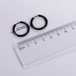 Black stainless steel hoop earrings with crystal inlay 22mm diameter measurement view