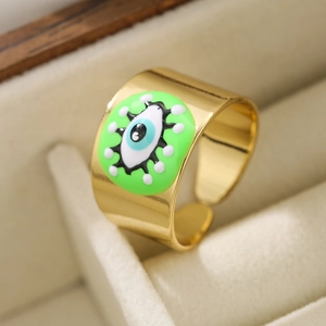 Detailed view of an 18K gold-plated adjustable ring featuring a colorful evil eye enamel