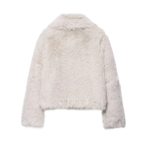 Back view of stylish light grey faux fur short coat with plush texture and wide collar