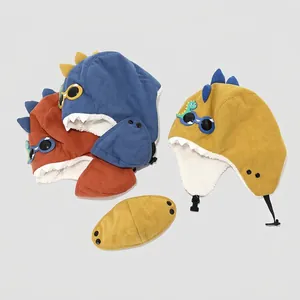 Winter children's dinosaur trapper hat with fleece lining and matching face mask
