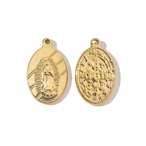 Golden oval Virgin Mary pendant necklaces made of stainless steel with religious relief