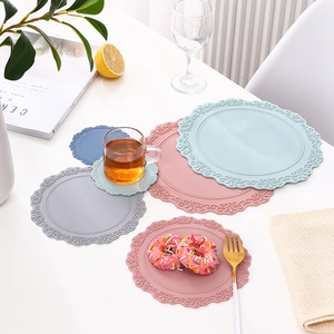 Sets de table en silicone style rétro gaufré en dentelle bleu rose et gris doux