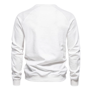 Classic white crewneck sweatshirt with raglan sleeves and ribbed cuffs back view