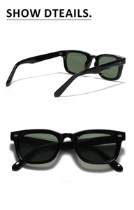 Detail of square retro sunglasses with black frame and decorative silver rivets