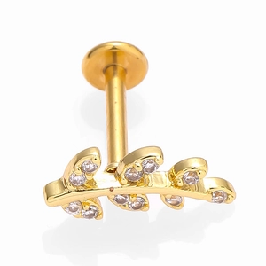 Flat back gold labret stud with crystal leaf design for ear cartilage piercing jewelry