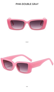 Detailed front and side views of pink rectangular sunglasses with double gray lenses