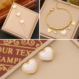 Heart Shape Stainless Steel Necklace Bracelet Stud Earrings Mother Of Artificial Pearl Shell Inlaid Elegant Trendy Women Jewelry
