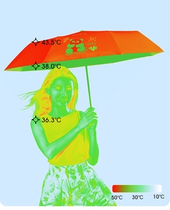 Infrared thermal view showing effective temperature cooling under the cartoon umbrella