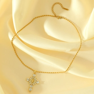 Gold-plated religious necklace with virgin mary cross pendant on yellow satin