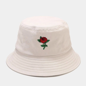 Chic beige cotton bucket hat with detailed red rose embroidery for summer protection