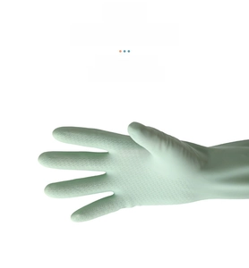 Detail of light green latex cleaning gloves with spiral anti-slip texture on palm