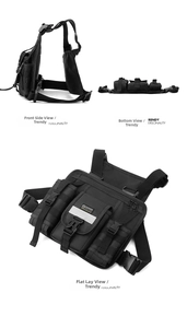 Tactical chest bag detail showing side, bottom and flat views with reflective strips