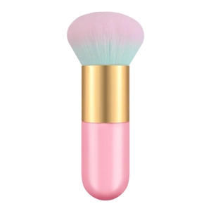 Detail view of dual-tone pink and blue bristles on a portable chubby foundation brush