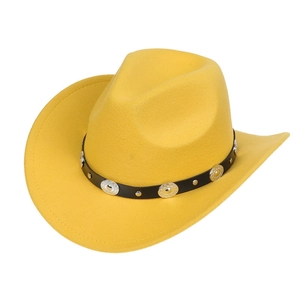 Detailed view of yellow wool felt cowboy hat with silver studded black leather band