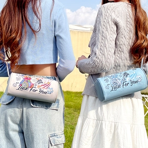 Cute cartoon bear graffiti cylinder crossbody bag for women in light blue and beige colors