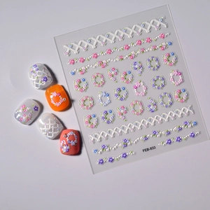 5D embossed floral nail art stickers FEB-833 with 3D flower wreath and pearl patterns
