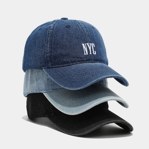 Vintage denim baseball caps with NYC embroidery in navy blue, light blue, and black