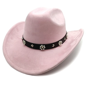 Chapeau De Cowboy Occidental Suédine Feutre Vintage Ethnique Jazz Avec Ceinture À Rivets Et Künstliche Perles Mode Bohème Femme