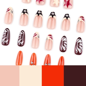Y2K almond press-on nails with 3D rhinestones and swirl patterns in mixed vibrant colors