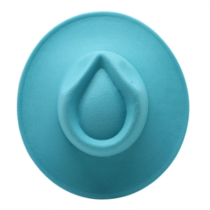 Top view of blue felt fedora hat featuring classic teardrop crown and wide brim details