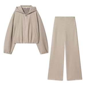Giacca Con Cappuccio Casual da Donna Color Avena e Pantaloni a Gamba Larga a Vita Alta Top e Bottom Loungewear Tinta Unita