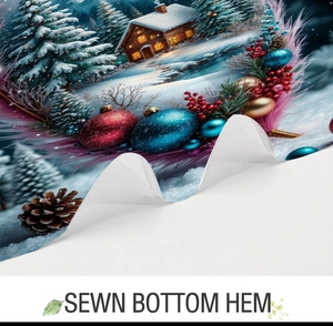 Detail showing the professional sewn bottom hem on the Christmas snow scene curtain