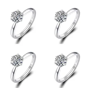 Classic Six-Prong Copper Rhinestone Open Ring For Women Luxury Round Cubic Zirconia Style Engagement Wedding Party Adjustable Finger Ring Gift