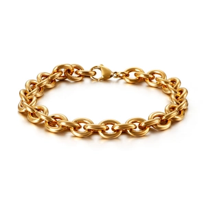 Polished gold titanium steel O-chain bracelet with lobster clasp on white background