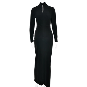 Detail view of black bodycon dress featuring back high neck button closure and side ruching