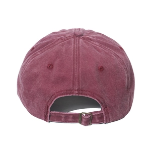 Detail view of the burgundy washed cotton baseball cap with adjustable metal buckle back