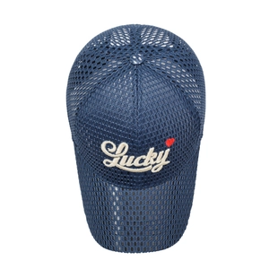 Navy blue breathable mesh baseball cap with embroidered Lucky logo on white background