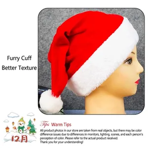Classic red velvet Christmas hat with thick white plush trim and pompom on mannequin head
