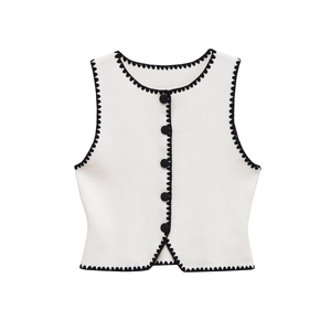 Damen Strickweste Mit Kontrastierenden Wellenkanten Und Knopfleiste Ärmellose Strickjacke Elegant Weiß Crop Top Pullover
