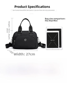 Detailed dimensions of the nylon handbag showing high capacity and adjustable strap
