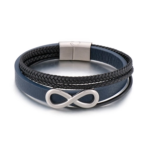 Multilayer braided leather infinity bracelet with brushed stainless steel magnetic clasp