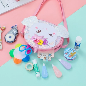 Pink sequin unicorn bag for girls shown with colorful stationery accessories