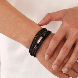 Men's hip hop multilayer braided black leather bracelet with silver stainless steel clasp