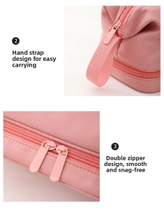 Detailed view of pink waterproof cosmetic bag with reinforced handle and dual zippers