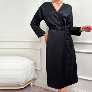Elegant black satin wrap robe for women featuring long sleeves and waist tie belt