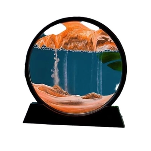 Cuadro de arte de arena móvil 3D con arena naranja y líquido azul en marco redondo