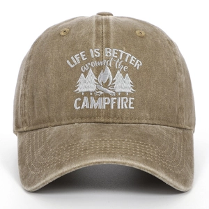 Detail of embroidered 'Life is Better around the Campfire' text on washed cotton baseball cap