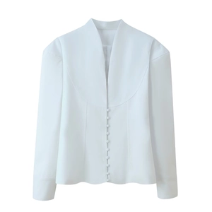 Elegant white V-neck long sleeve blouse with decorative buttons and structured fit