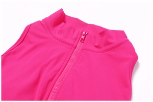 Detail of rose red high-stretch sports bodysuit featuring a stand-up collar and front zipper