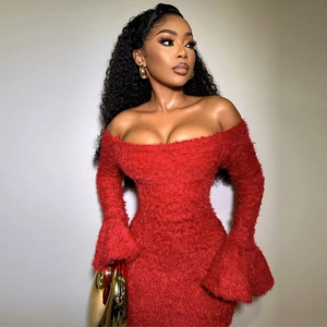 Elegant red off-shoulder slim-fit maxi dress with fuzzy faux fur texture and flared sleeves