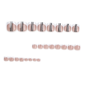 French silver glitter and black striped press-on toenails with nude base for women