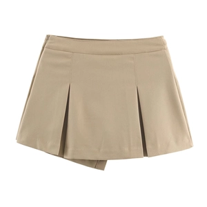 Mini-jupe plissée kaki classique à taille haute, coupe trapèze et tissu en sergé