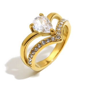 18K gold plated stainless steel double layer crown ring with pear shaped diamond