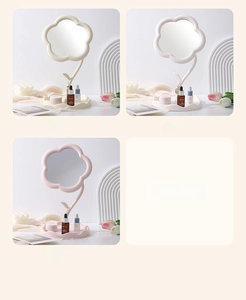 Détail du miroir de maquillage en forme de fleur avec base de rangement en trois couleurs