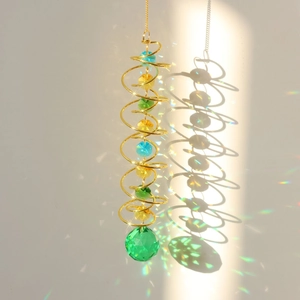 Detailed view of rainbow maker prism casting colorful light spots on a wall
